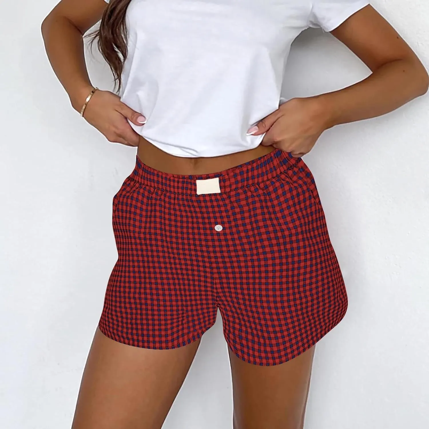 Summer Shorts For Women 2024 Trendy Plaid Button Front Boxer Shorts Elastic Waist Cute y2k Lounge Pajamas Bottoms