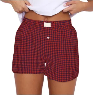 Summer Shorts For Women 2024 Trendy Plaid Button Front Boxer Shorts Elastic Waist Cute y2k Lounge Pajamas Bottoms