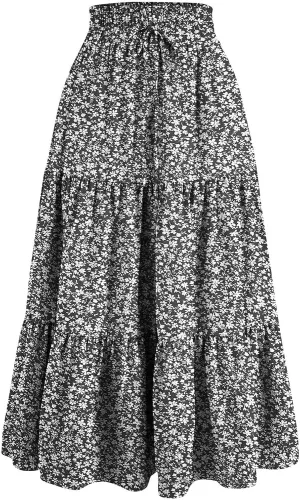 Summer Skirt for Women Comfy Tiered Elastic High Waisted Pleated Skirts Vacation A-Line Flowy Swing Long Skirts