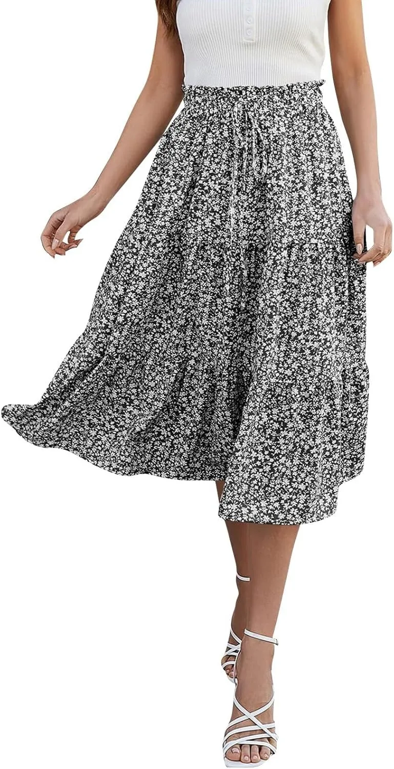 Summer Skirt for Women Comfy Tiered Elastic High Waisted Pleated Skirts Vacation A-Line Flowy Swing Long Skirts