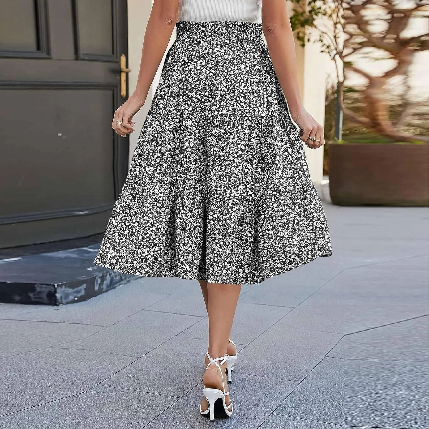 Summer Skirt for Women Comfy Tiered Elastic High Waisted Pleated Skirts Vacation A-Line Flowy Swing Long Skirts