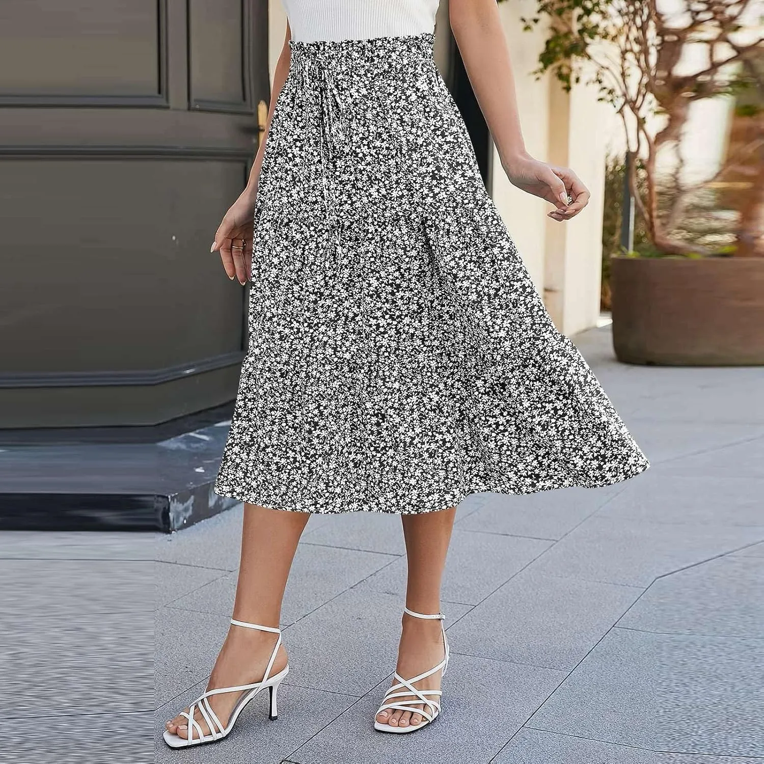 Summer Skirt for Women Comfy Tiered Elastic High Waisted Pleated Skirts Vacation A-Line Flowy Swing Long Skirts