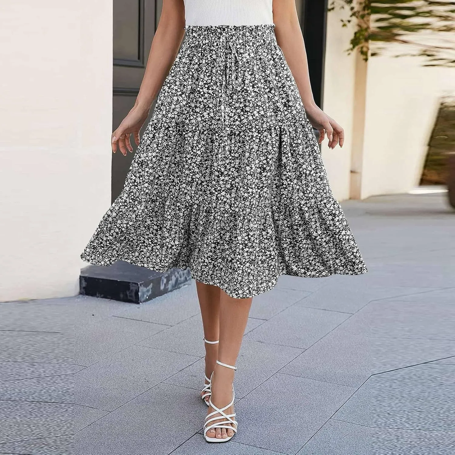 Summer Skirt for Women Comfy Tiered Elastic High Waisted Pleated Skirts Vacation A-Line Flowy Swing Long Skirts
