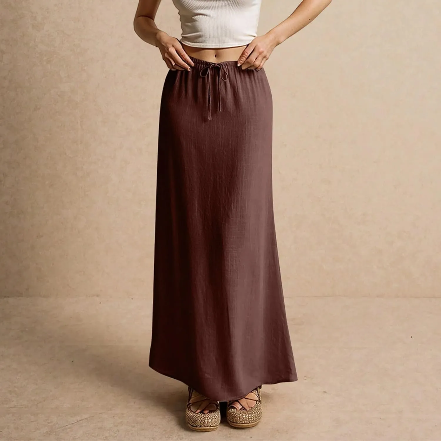 Summer Skirts for Women Comfy Drawstring Low Rise Womens Linen Maxi Skirt with Slit Plus Size Long Flowy Skirts