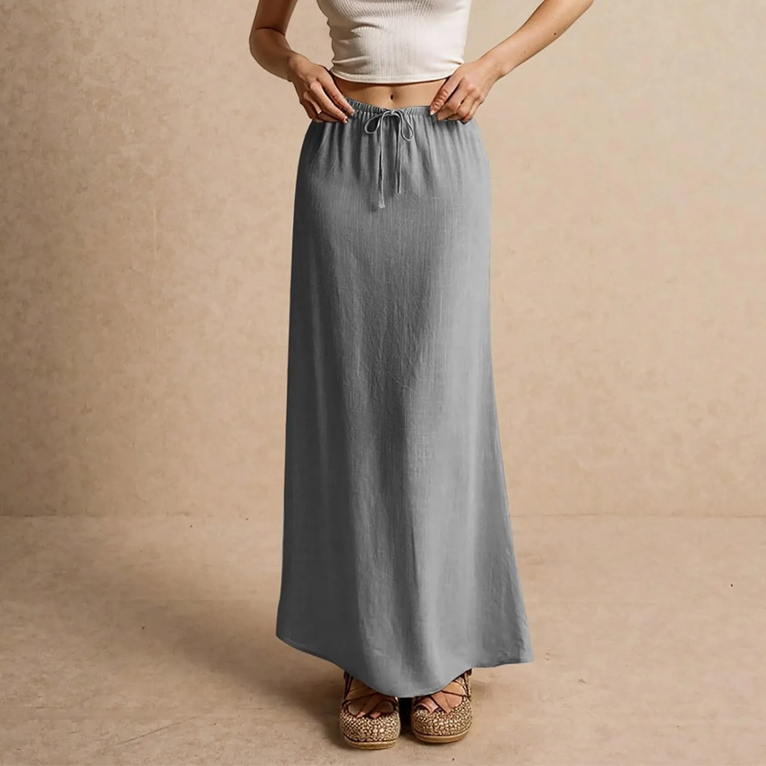 Summer Skirts for Women Comfy Drawstring Low Rise Womens Linen Maxi Skirt with Slit Plus Size Long Flowy Skirts