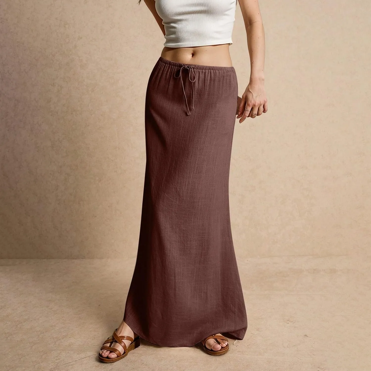 Summer Skirts for Women Comfy Drawstring Low Rise Womens Linen Maxi Skirt with Slit Plus Size Long Flowy Skirts