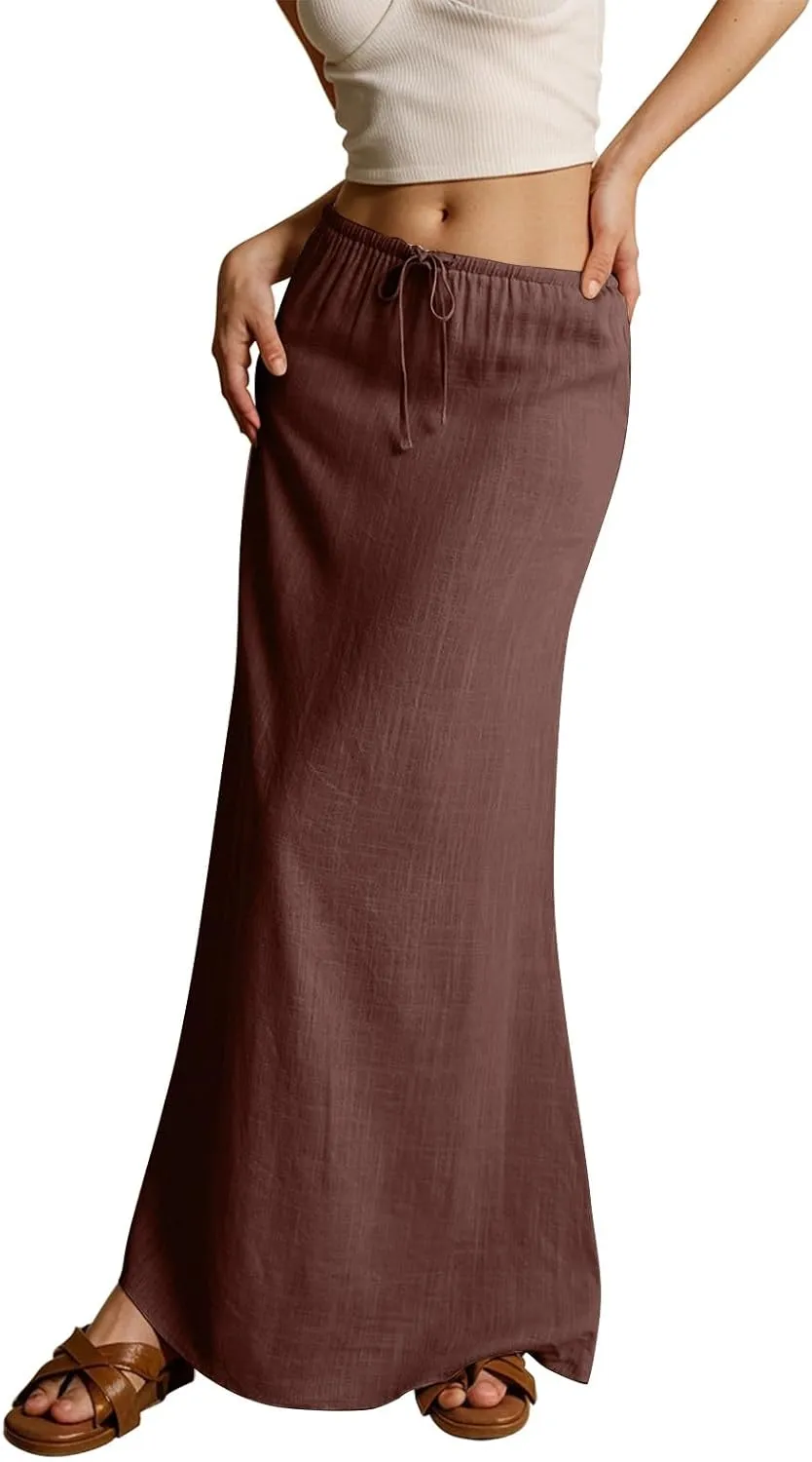 Summer Skirts for Women Comfy Drawstring Low Rise Womens Linen Maxi Skirt with Slit Plus Size Long Flowy Skirts