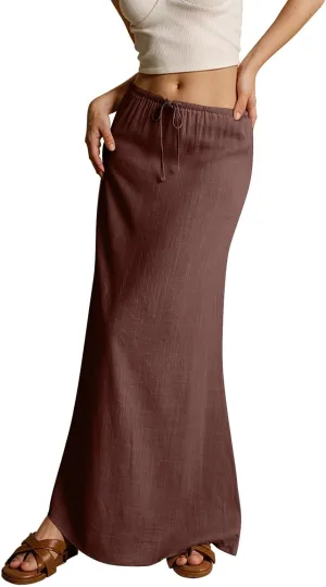 Summer Skirts for Women Comfy Drawstring Low Rise Womens Linen Maxi Skirt with Slit Plus Size Long Flowy Skirts