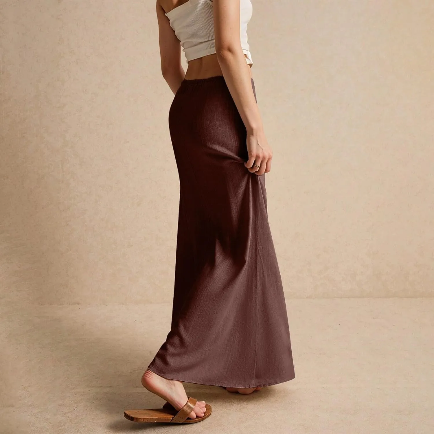 Summer Skirts for Women Comfy Drawstring Low Rise Womens Linen Maxi Skirt with Slit Plus Size Long Flowy Skirts