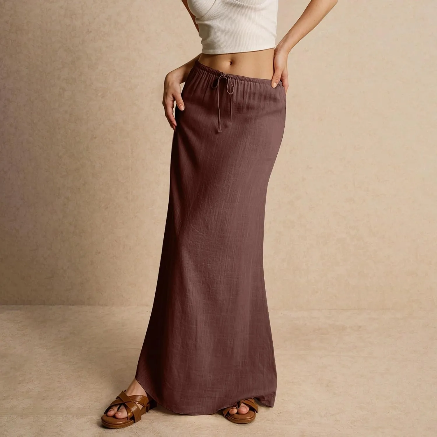 Summer Skirts for Women Comfy Drawstring Low Rise Womens Linen Maxi Skirt with Slit Plus Size Long Flowy Skirts