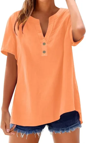 Summer Top for Women 2025 Casual Cotton Linen Short Sleeve T Shirts Plus Size Baggy Solid Color Vneck Button Down Tee
