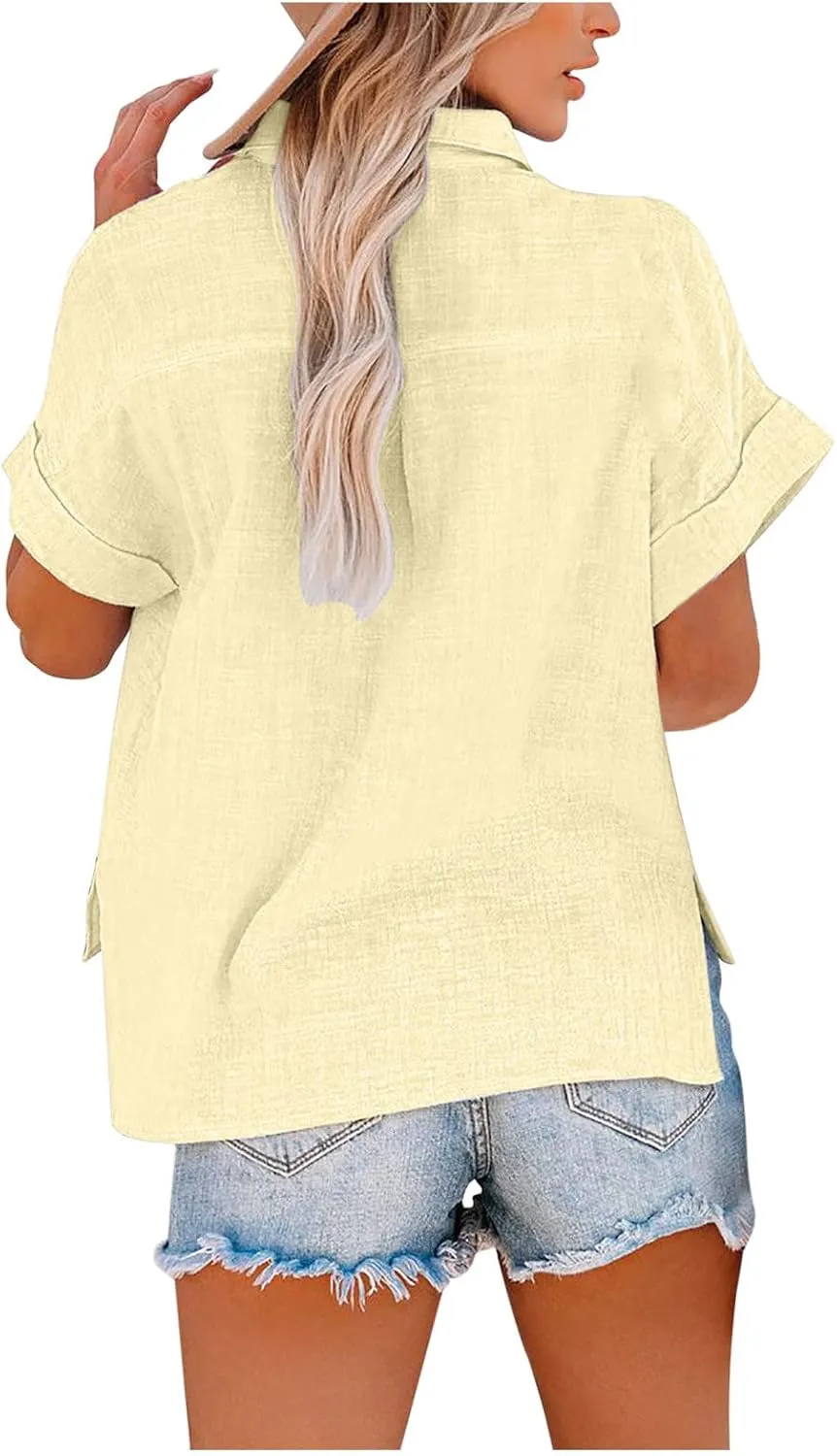 Summer Tops for Women 2023 Trendy Cotton Linen Button Down Blouses Casual Loose Short Sleeve Semi Formal Work Shirts