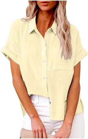 Summer Tops for Women 2023 Trendy Cotton Linen Button Down Blouses Casual Loose Short Sleeve Semi Formal Work Shirts