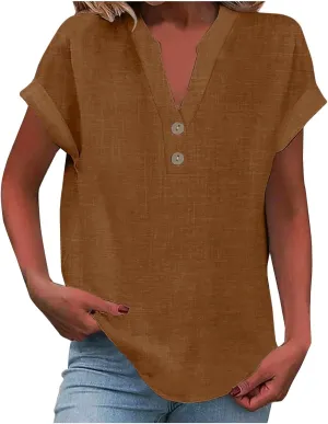 Summer Tops for Women 2025 Casual Short Sleeve V-Neck Cotton Linen Shirts Gauze Blouses Trendy Button Down T-Shirts