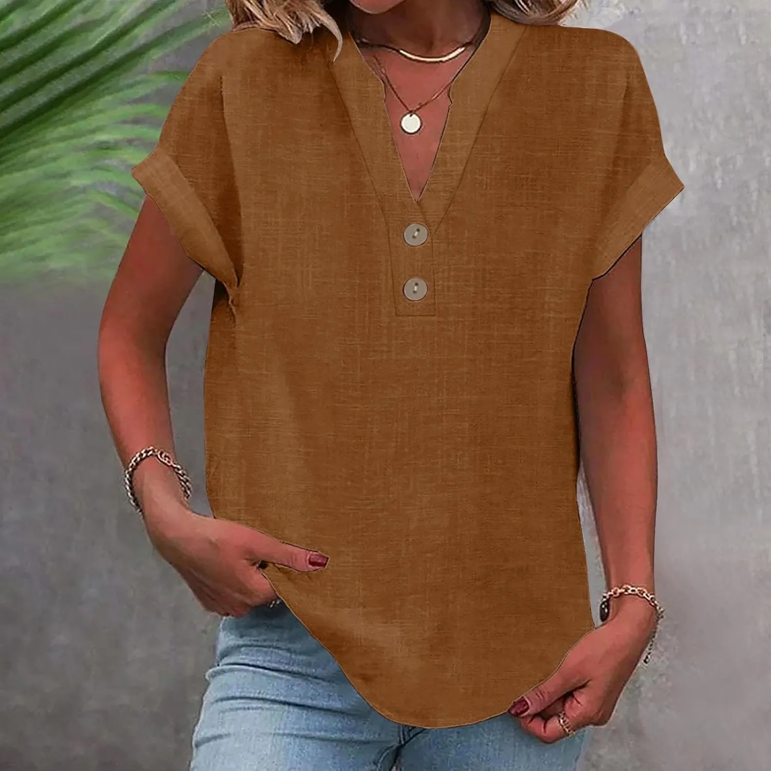 Summer Tops for Women 2025 Casual Short Sleeve V-Neck Cotton Linen Shirts Gauze Blouses Trendy Button Down T-Shirts