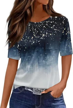 Summer Womens Crewneck Short Sleeve Shirts Spring Gradient Stripe Prints Casual Blouse Shirt Dressy Tops