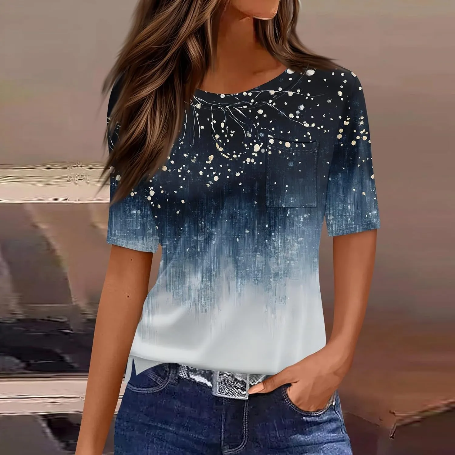 Summer Womens Crewneck Short Sleeve Shirts Spring Gradient Stripe Prints Casual Blouse Shirt Dressy Tops