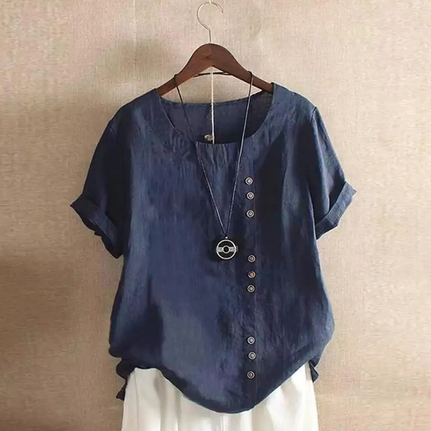 Summer Womens T Shirt Cotton Linen Short Sleeve Tops Trendy Loose Fit Tunic Tees Button Down Plus Size Blouse Clothing