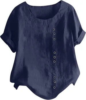 Summer Womens T Shirt Cotton Linen Short Sleeve Tops Trendy Loose Fit Tunic Tees Button Down Plus Size Blouse Clothing