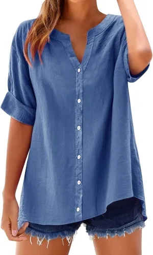 Summer Work Tops for Women Short Sleeve Button Down Casual Office Shirt Top 2025 Trendy Loose Fit V Neck Tunic Shirts