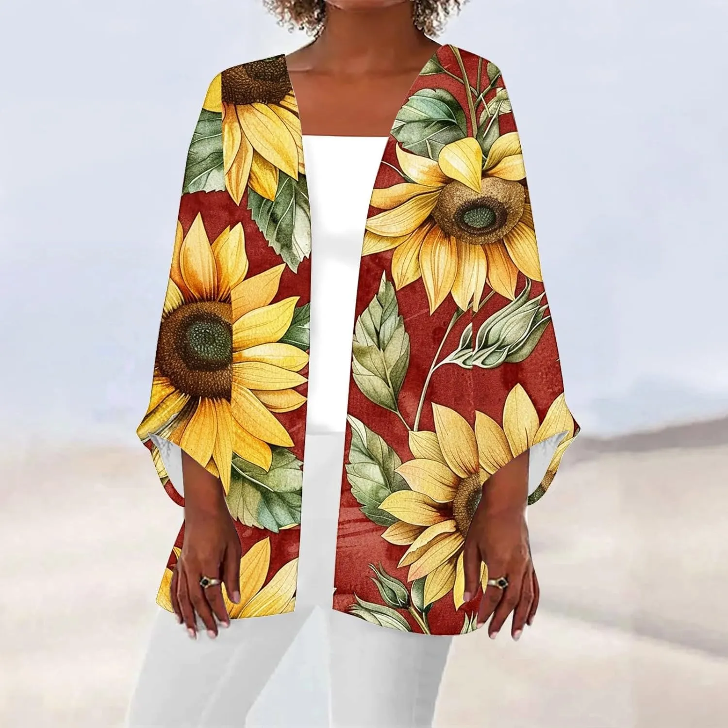 Sunflower Kimono for Women Kimono Cardigans Casual Summer Fall Tops Cover up Open Front Floral Print Resort Wear