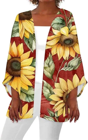 Sunflower Kimono for Women Kimono Cardigans Casual Summer Fall Tops Cover up Open Front Floral Print Resort Wear