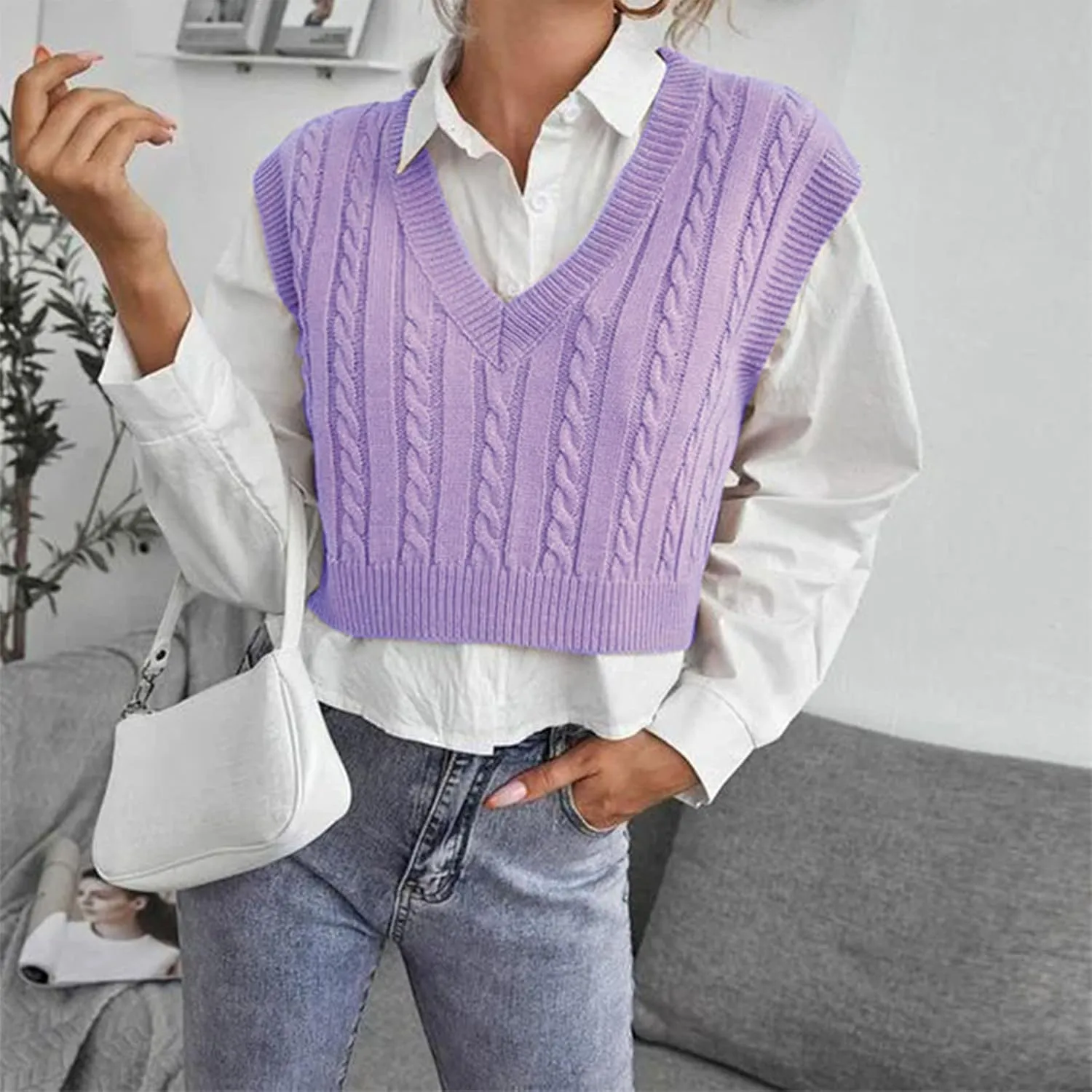 Sweater Vest Women Y2K Plaid Knitted Streetwear, Preppy Style V Neck Crop Knitwear Tank Top for Girl