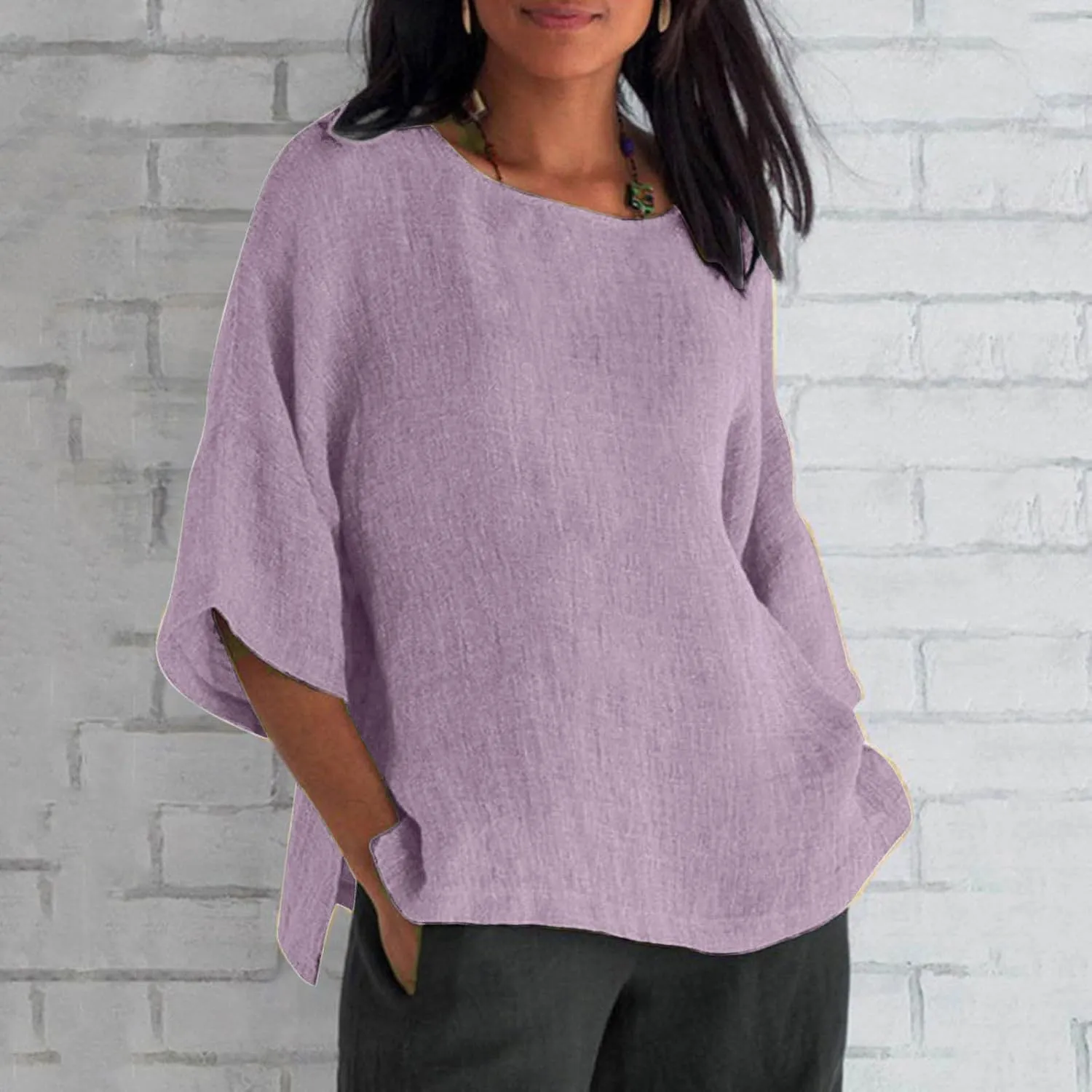T Shirts for Women 2023 Fashion Elegant Cotton Linen Blouse Summer Casual Loose Half Sleeve Crew Neck Tops Basic Work