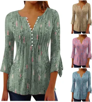 TANGNADE Women's 3/4 Sleeve Tunic Tops Pleated V Neck Blouses Dressy Casual Loose Spring and Summer T-Shirts
