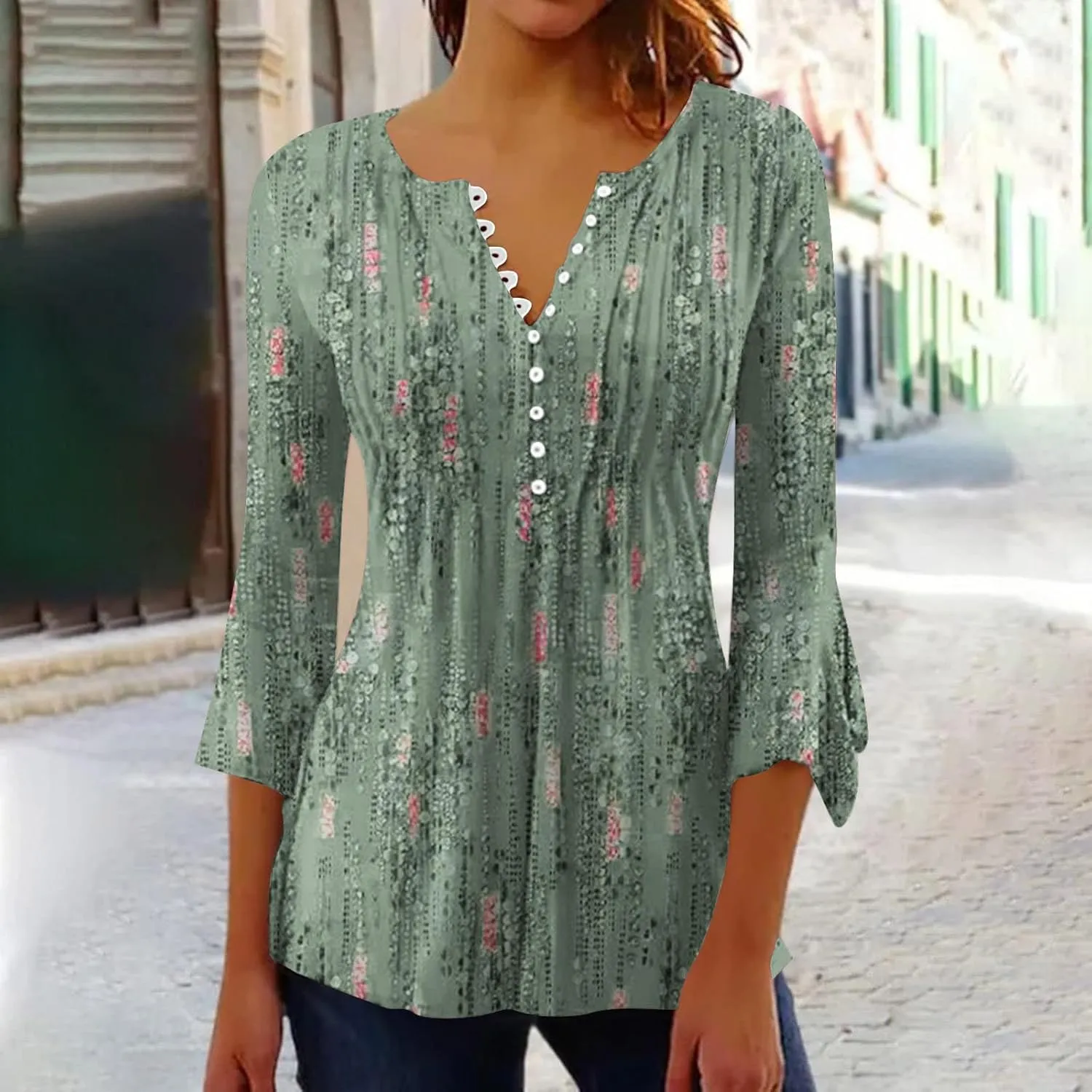TANGNADE Women's 3/4 Sleeve Tunic Tops Pleated V Neck Blouses Dressy Casual Loose Spring and Summer T-Shirts
