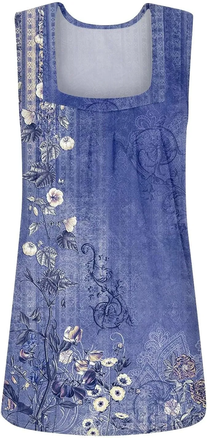 Tank Top for Women Loose Fit Summer Tops 2025 Flowy Sleeveless Blouses Pleated Square Neck Tunics Cute Print Shirts