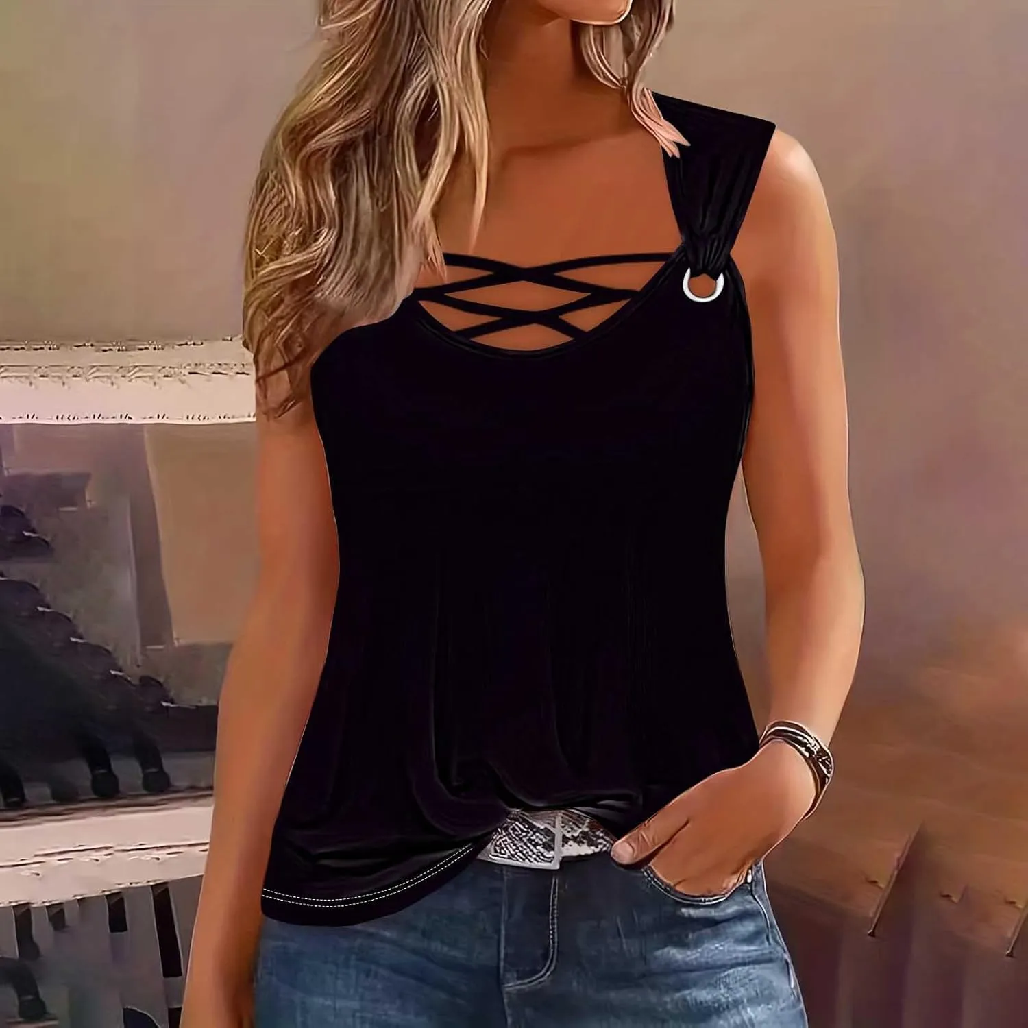 Tank Tops for Women 2025 Trendy Summer Sleeveless Tshirt Casual Vacation Solid Blouse Plus Size Loose Tees