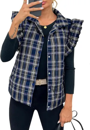Tankaneo Womens Plaid Puffer Vests Ruffle Sleeveless Lightweight Quilted Vest Fall Winter Padded Gilets Coats