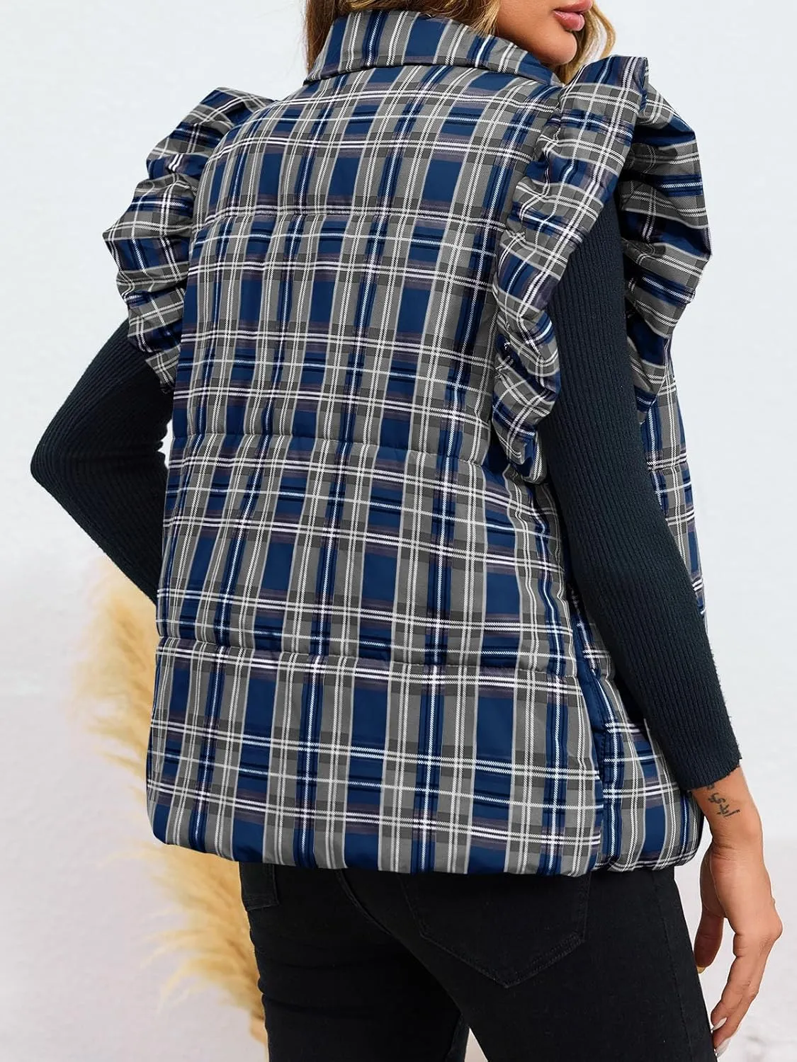 Tankaneo Womens Plaid Puffer Vests Ruffle Sleeveless Lightweight Quilted Vest Fall Winter Padded Gilets Coats