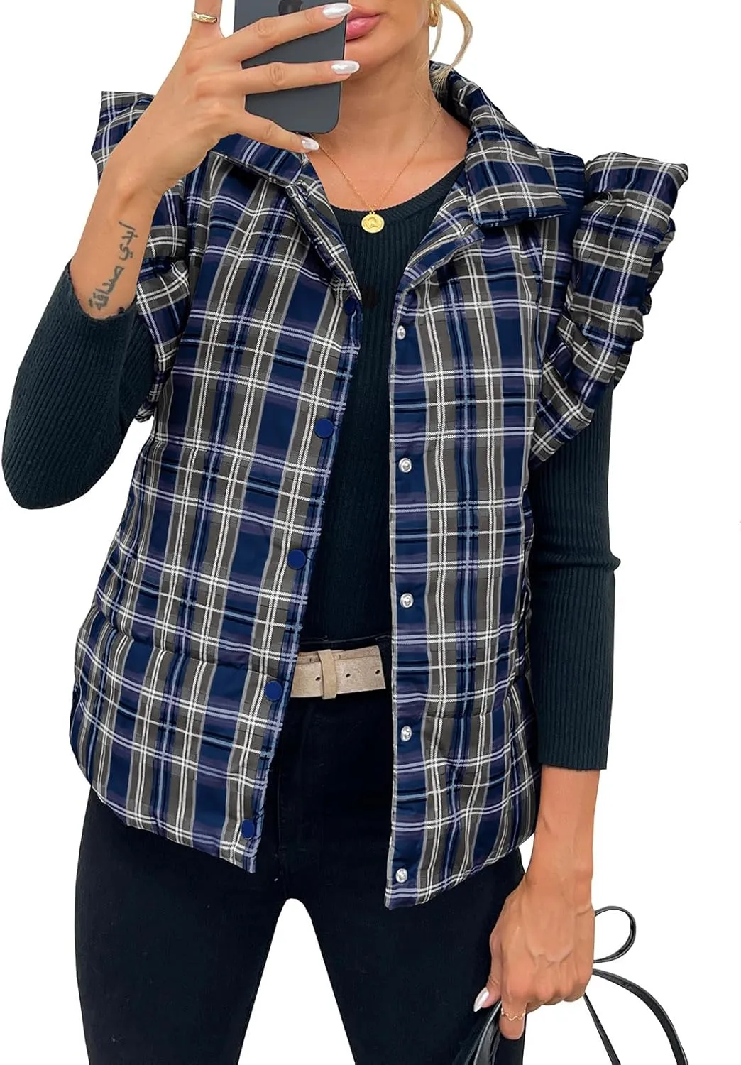 Tankaneo Womens Plaid Puffer Vests Ruffle Sleeveless Lightweight Quilted Vest Fall Winter Padded Gilets Coats