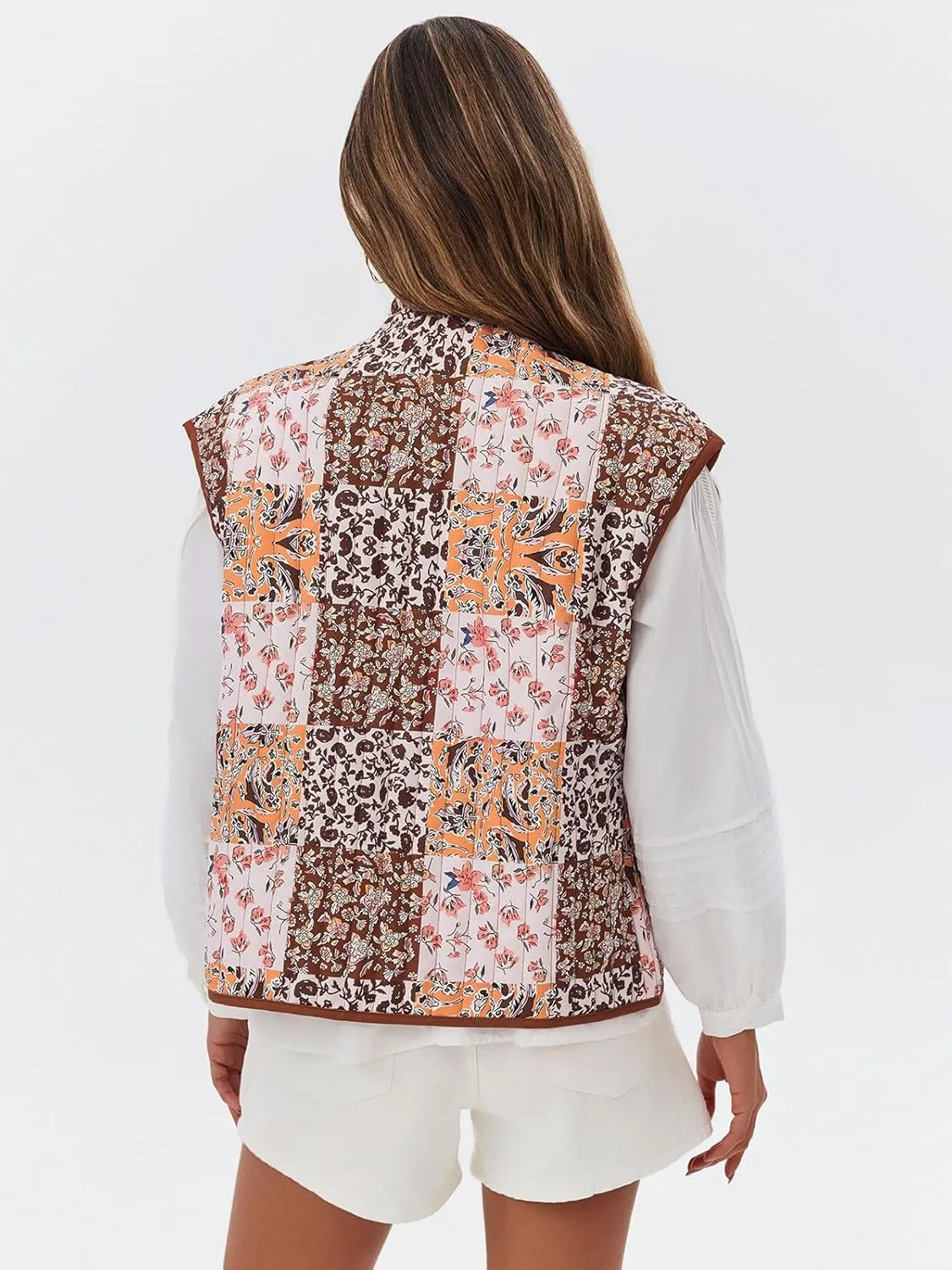 Tankaneo Womens Puffer Quilted Cropped Vest Oversized Floral Patchwork Lightweight Jacket Cap Sleeve Outerwear Vest