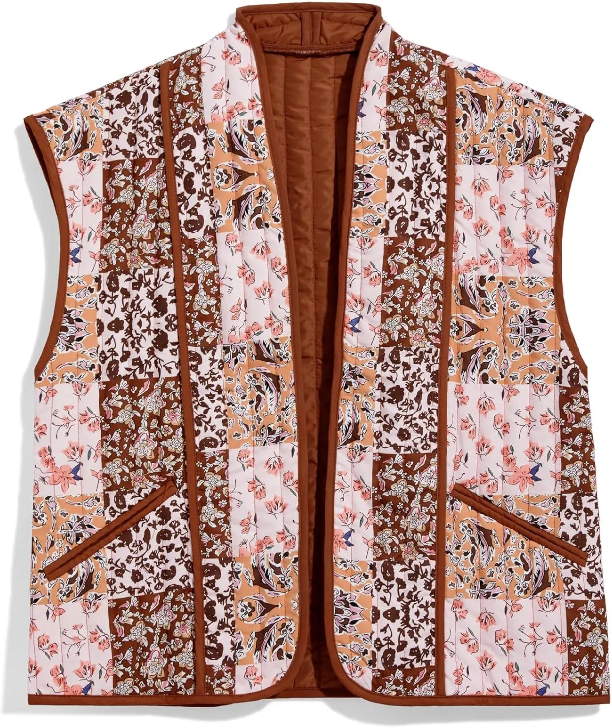 Tankaneo Womens Puffer Quilted Cropped Vest Oversized Floral Patchwork Lightweight Jacket Cap Sleeve Outerwear Vest