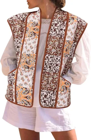 Tankaneo Womens Puffer Quilted Cropped Vest Oversized Floral Patchwork Lightweight Jacket Cap Sleeve Outerwear Vest