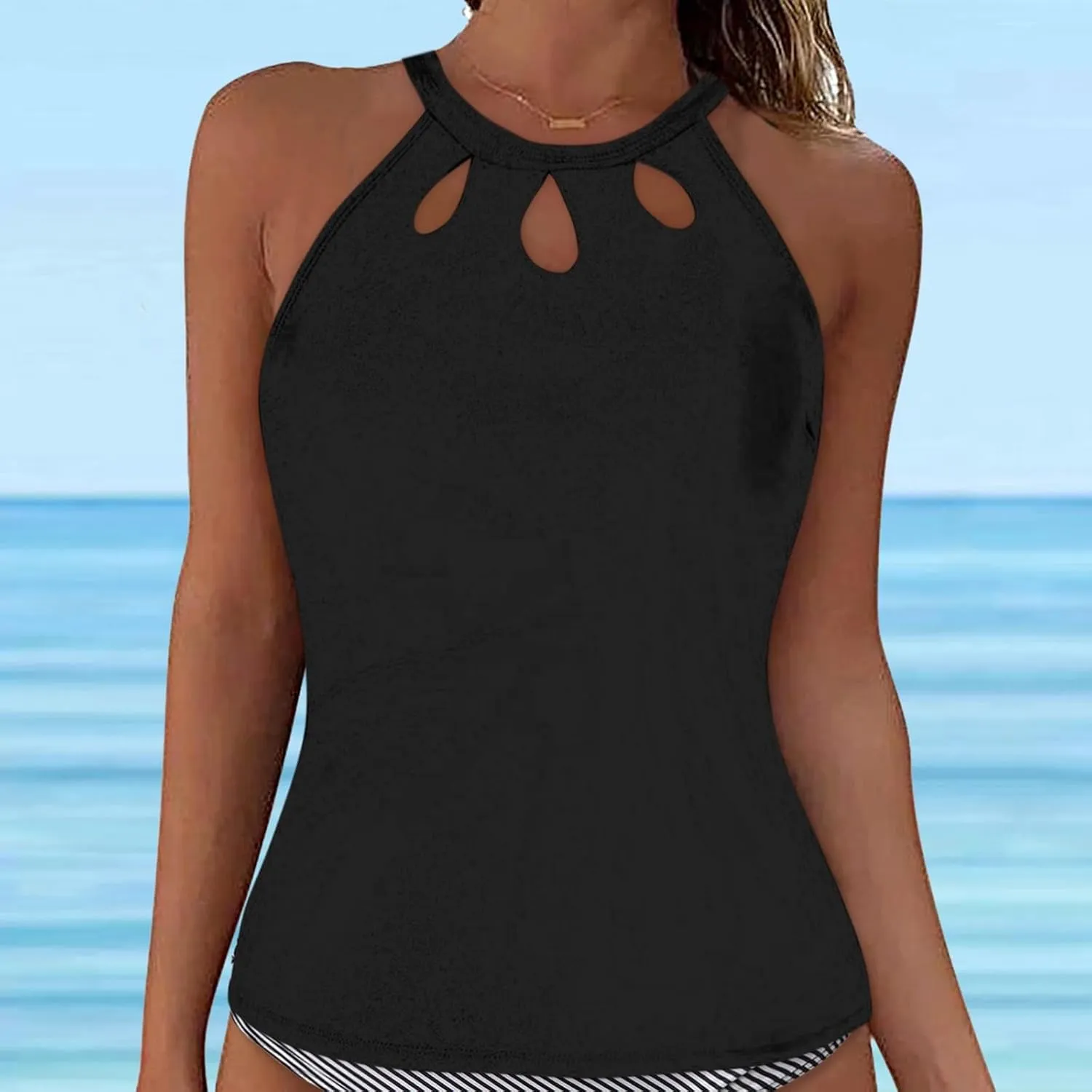 Tankini Tops for Women High Neck Backless Bathing Suit Tops Tummy Control Swimsuit Top Slimming Cut Out Swimming Top