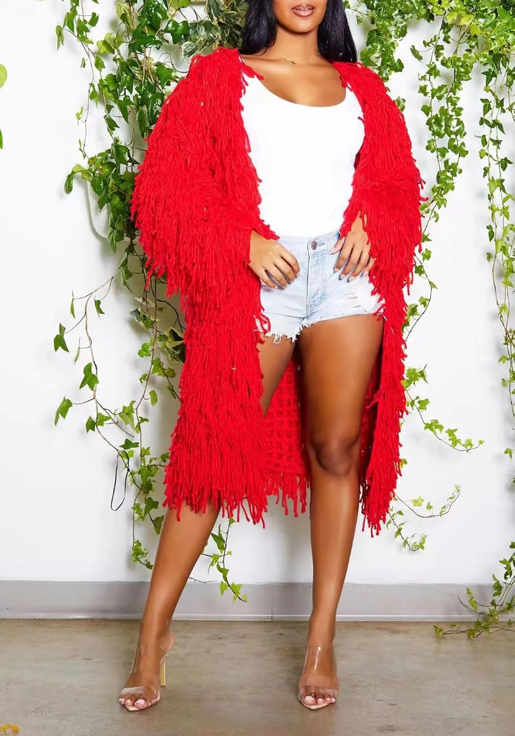 Tcremisa Women's Open Front Crochet Cardigans Long Sleeve Chunky Cable Knit Fringe Sweater Coats for Winter