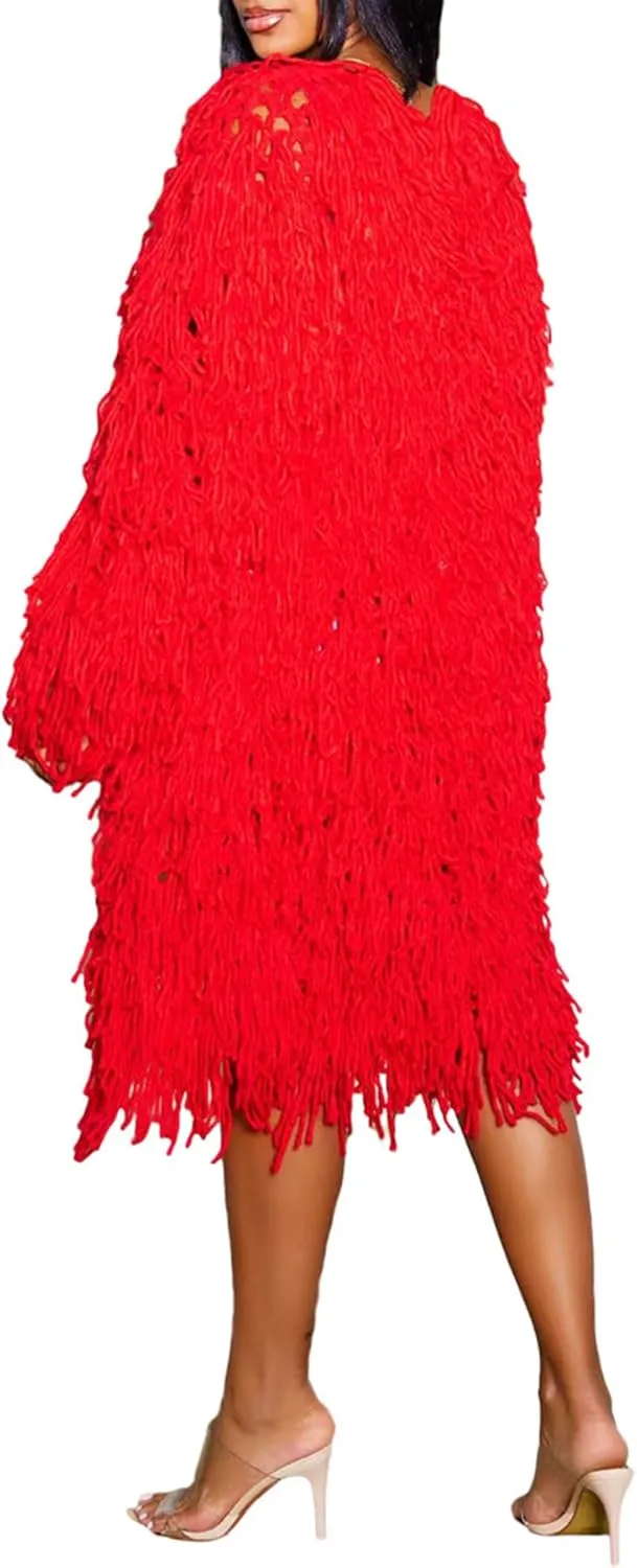 Tcremisa Women's Open Front Crochet Cardigans Long Sleeve Chunky Cable Knit Fringe Sweater Coats for Winter