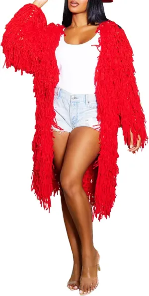 Tcremisa Women's Open Front Crochet Cardigans Long Sleeve Chunky Cable Knit Fringe Sweater Coats for Winter