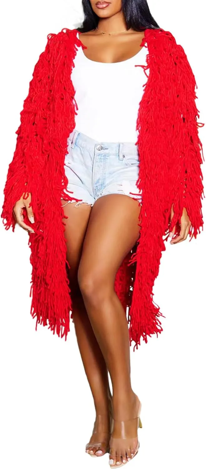 Tcremisa Women's Open Front Crochet Cardigans Long Sleeve Chunky Cable Knit Fringe Sweater Coats for Winter