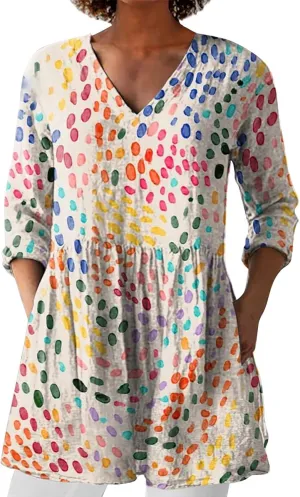 Tops for Women Trendy Summer 2025 Color Block Floral Print Shirts Long Sleeve V Neck Blouses Loose Fit Vacation Outfits