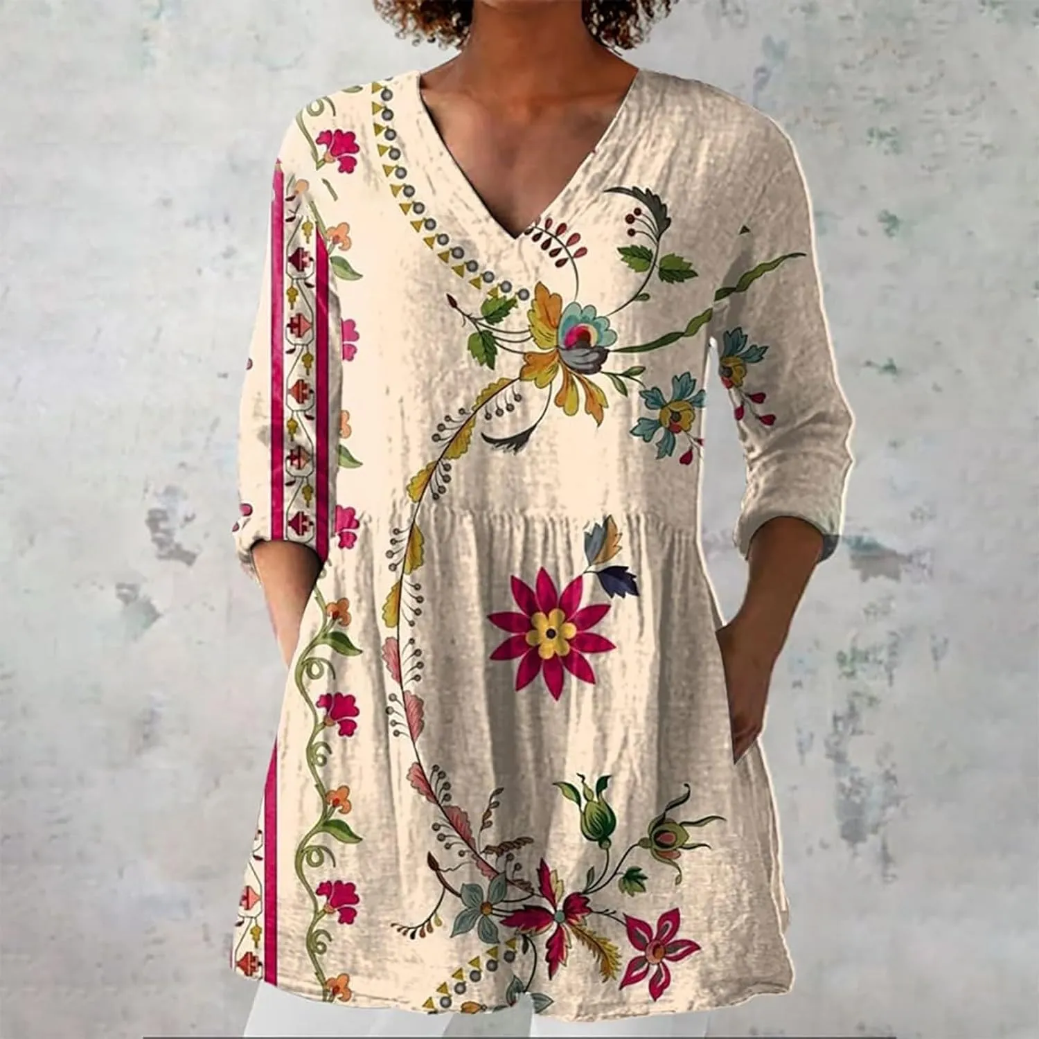 Tops for Women Trendy Summer 2025 Floral Print Shirts V Neck Long Sleeve Dress Tunic Casual Loose Fit Vacation Blouses