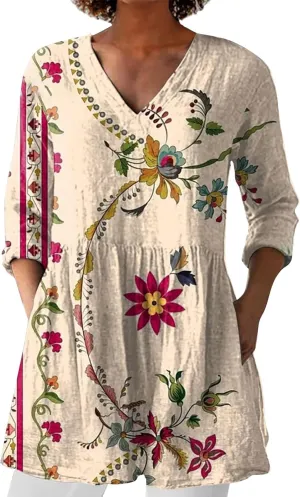 Tops for Women Trendy Summer 2025 Floral Print Shirts V Neck Long Sleeve Dress Tunic Casual Loose Fit Vacation Blouses