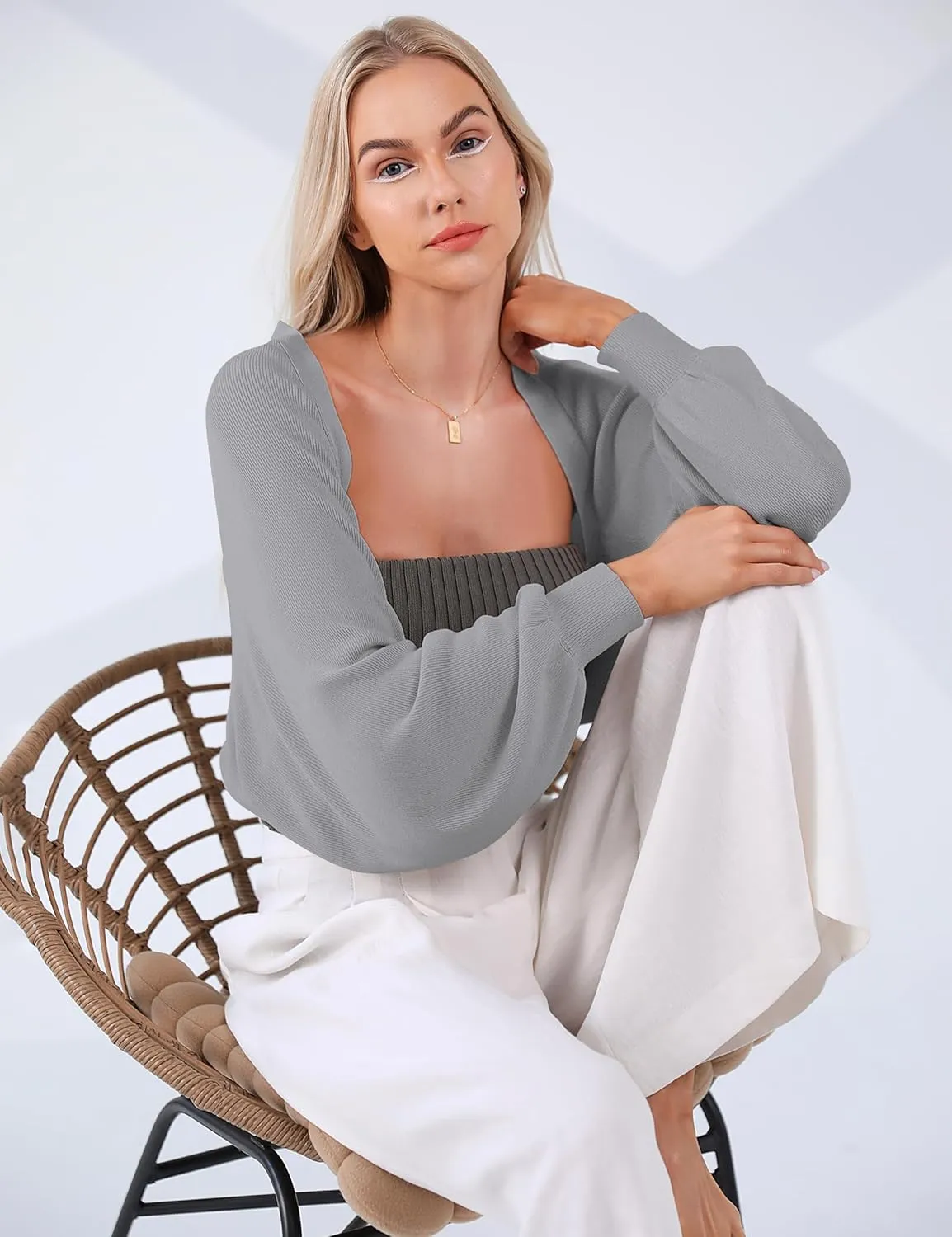 Totatuit Women's Y2K Bolero Shrugs Long Batwing Sleeve Knit Cropped Cardigan Drop Shoulder Cardigan with Back Slit
