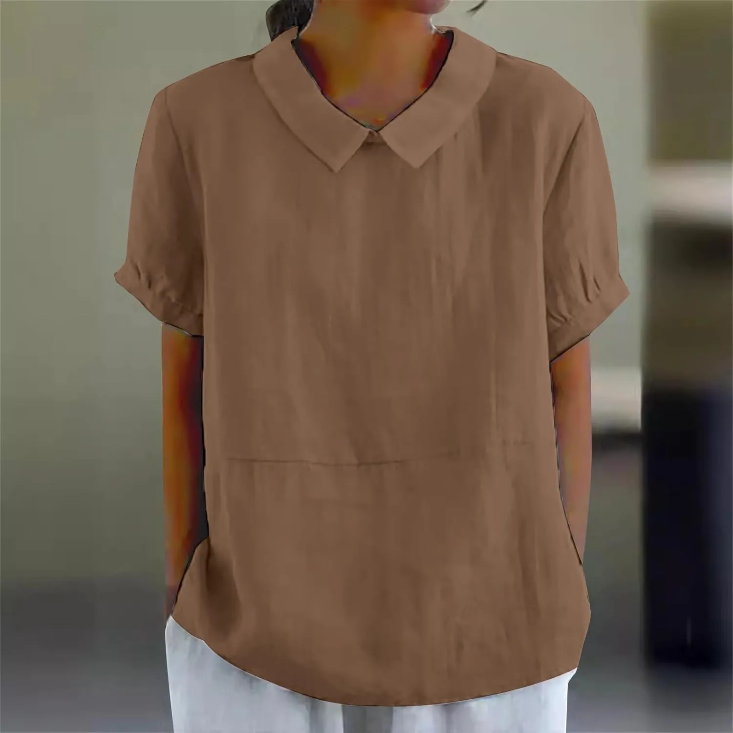 Trendy T Shirts for Women Loose Fit Solid Color Lapel Collar Short Sleeve Linen Blouse Summer Lightweight Workout Top