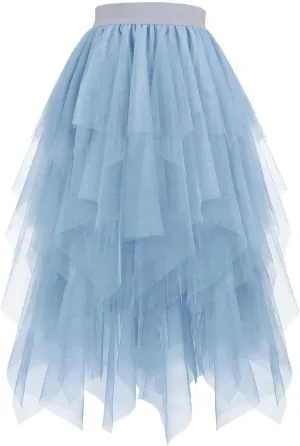 Tulle Skirts for Women Multi Layered Lace Mesh Midi Dress Elastic High Waist Irregular Hem A Line Flowy Skirt 2025