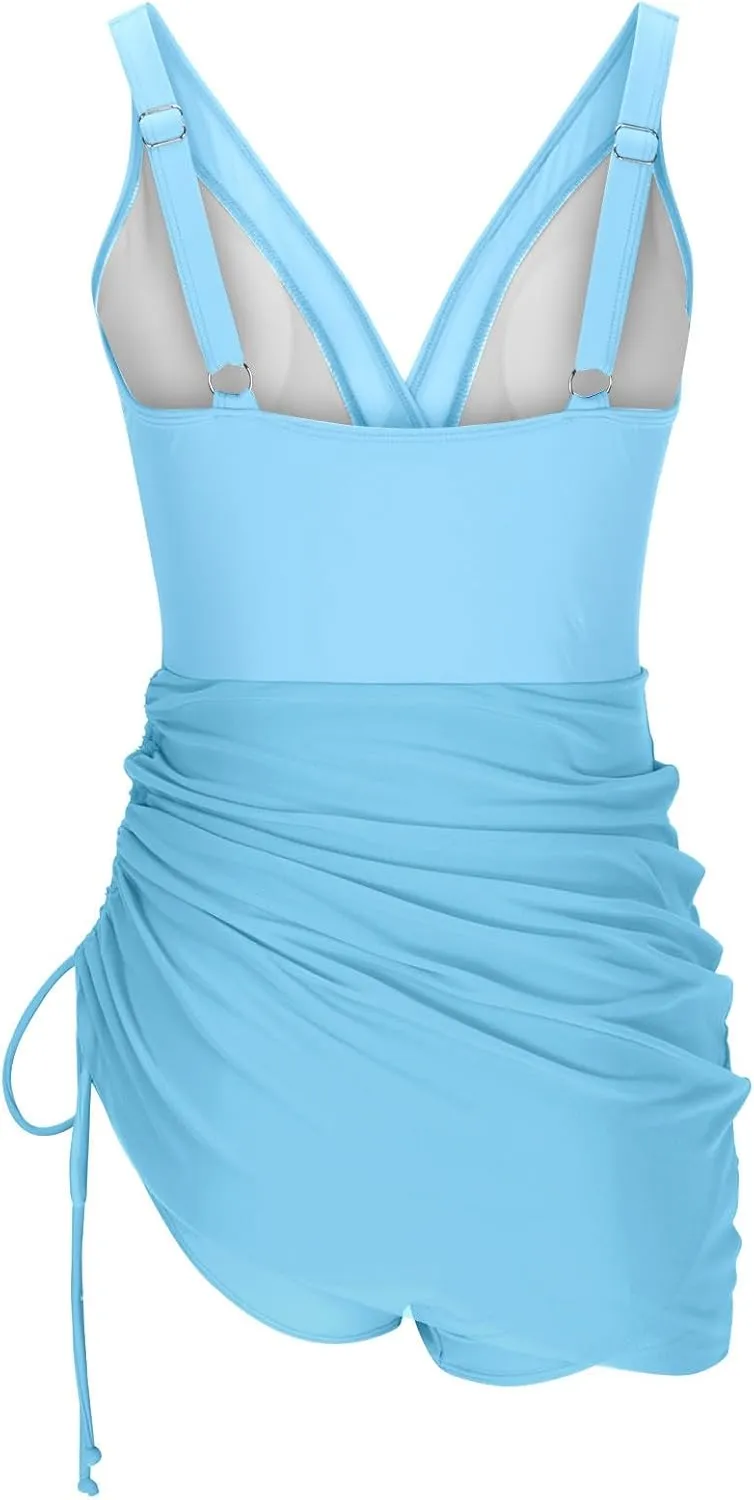 TUNUSKAT Womens One Piece Swim Dress Tummy Control Swimsuits Slimming Modest Bathing Suit Sheer Mesh Sarong Wraps Swim Suits